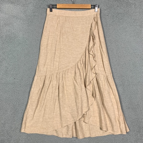 Madewell Faux Wrap Skirt Women's 2 Earthen Sand Linen-Blend Ruffle Midi NWT $88 - Picture 2 of 11